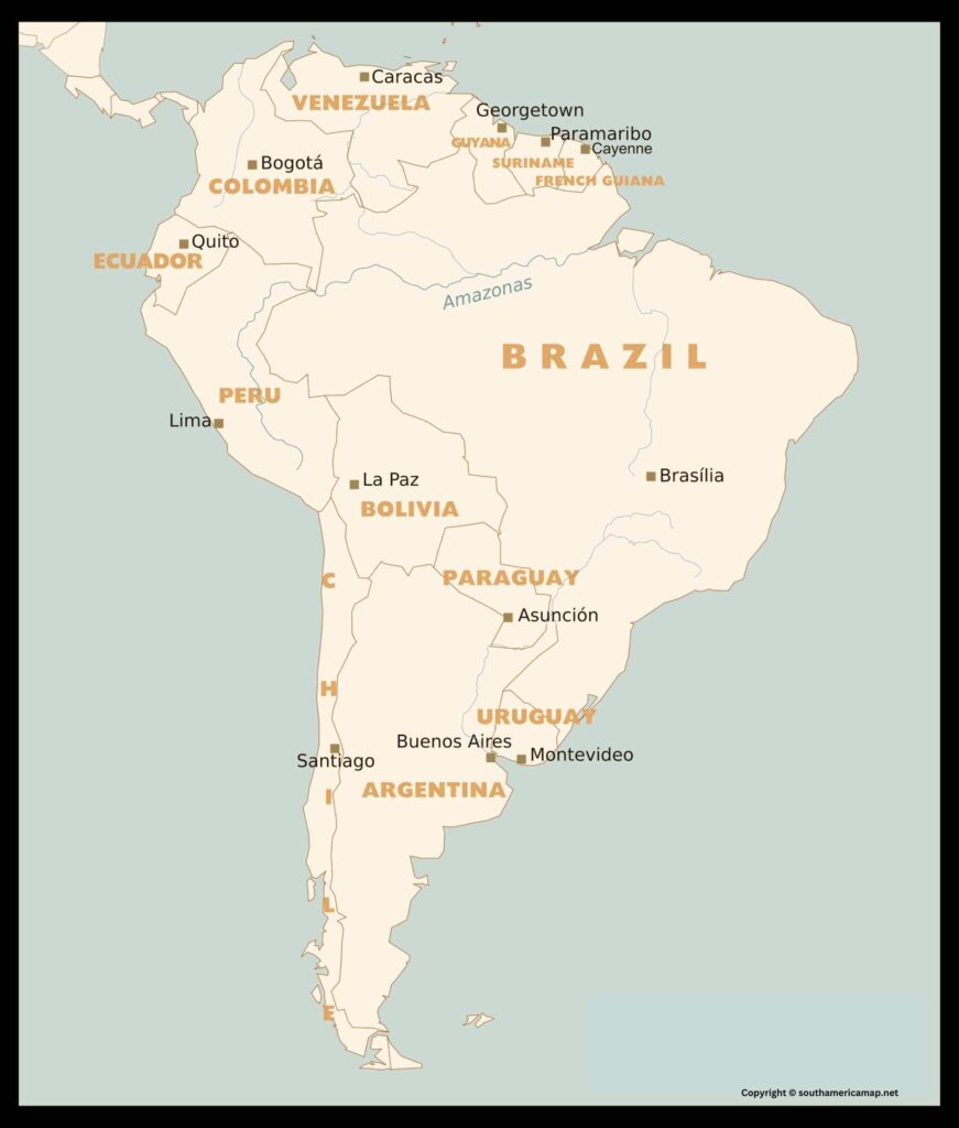 Map of South America with the Capitals