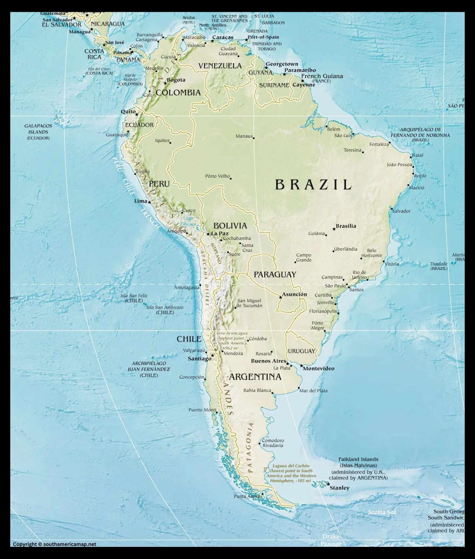 physical map of south america mountains